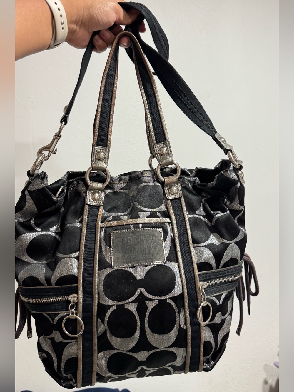 Coach Poppy Black & Silver Metallic Lurex Spotlight Satchel